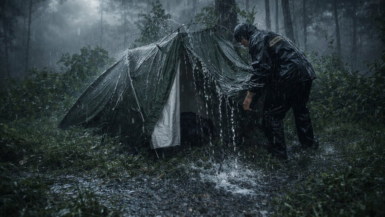 Surviving the Night in Heavy Rain – Solo Camping in the Wild⛈️