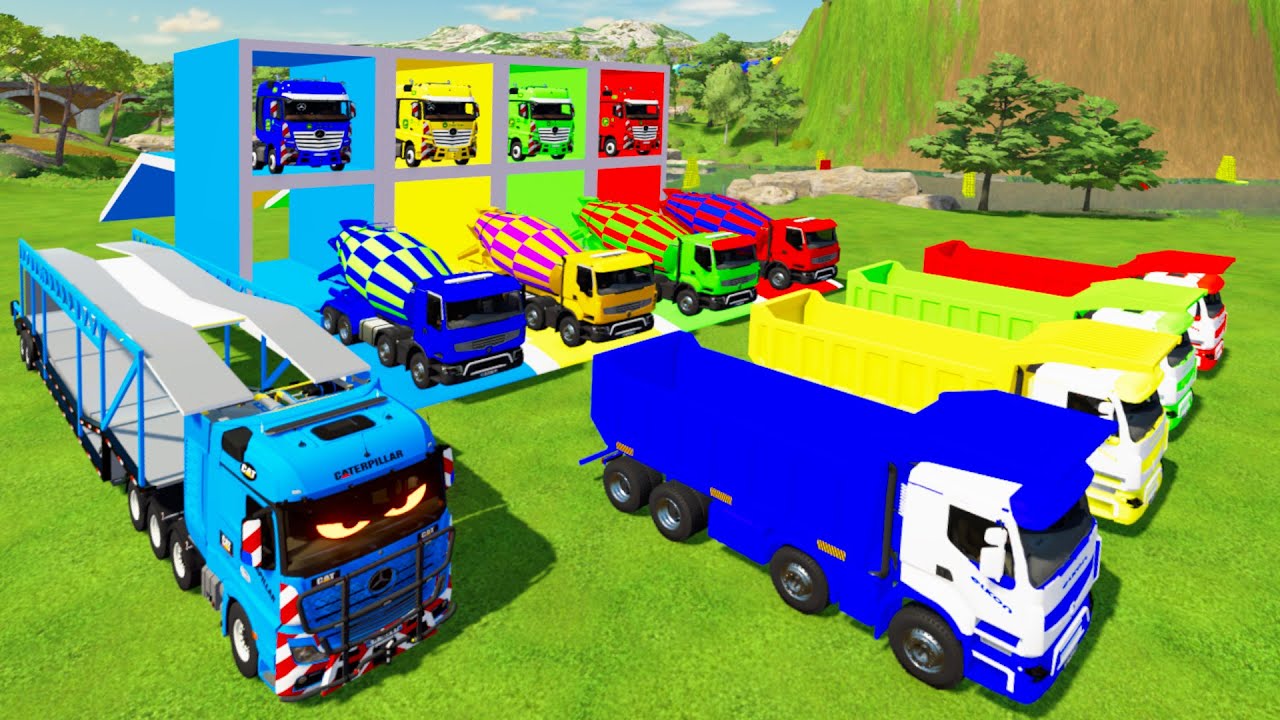 Colorful trucks - TRANSPORTING ALL COLORFUL MIXER CEMENT TRUCK, RENAULT DUMP TRUCK TO GARAGE