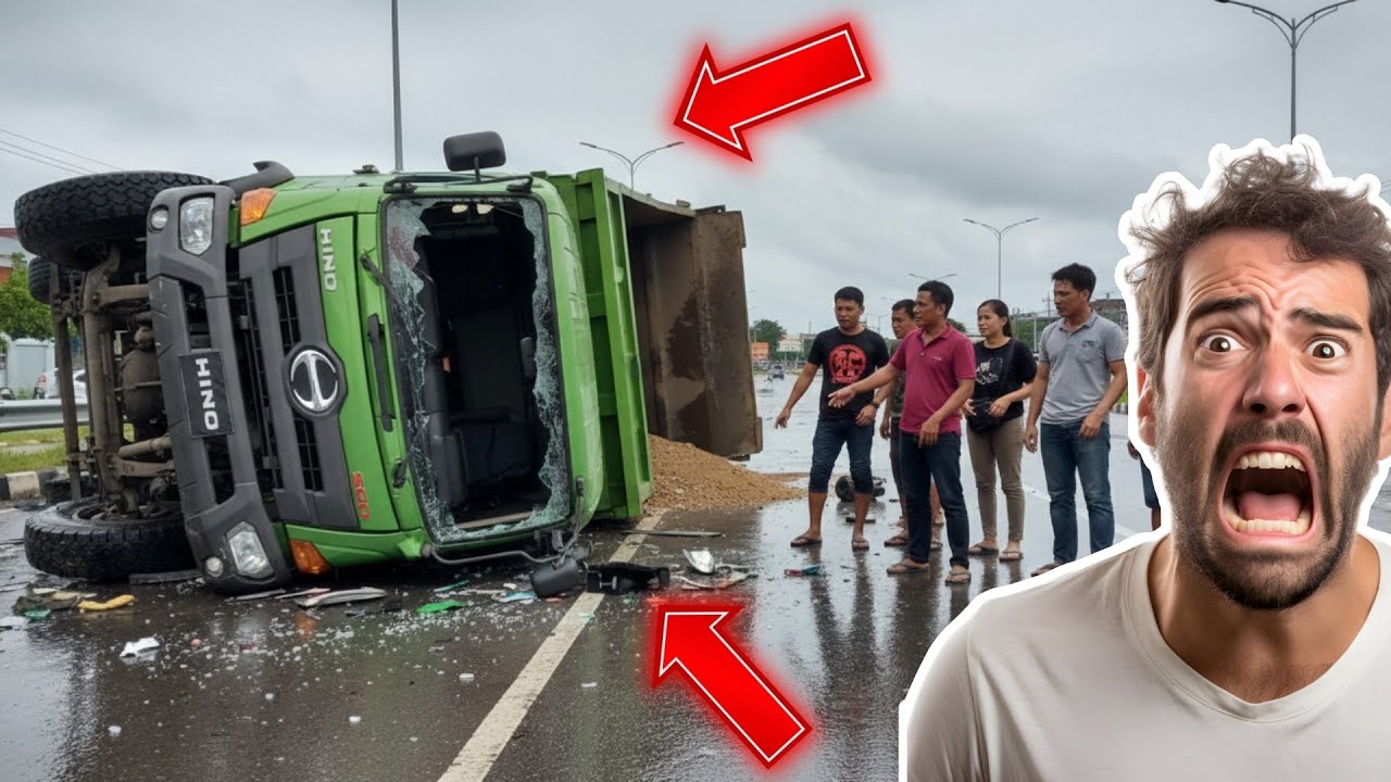 Driver cilik gagal menanjak 😱😲!!, mobil truk terguling kesawah😭