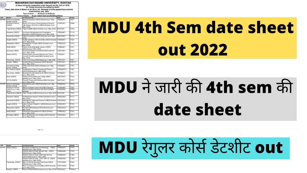 MDU Date Sheet Out 2022 || MDU 4th sem date sheet out || pg course date sheet out 2022 ||