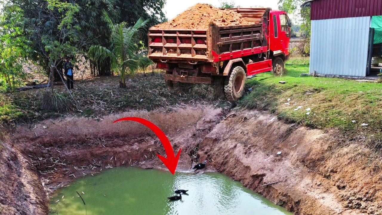 First Start Amazing PROJECT!! Filling Land Delete Garbage Pond Use Strong Bulldozer & 5ton Truck.
