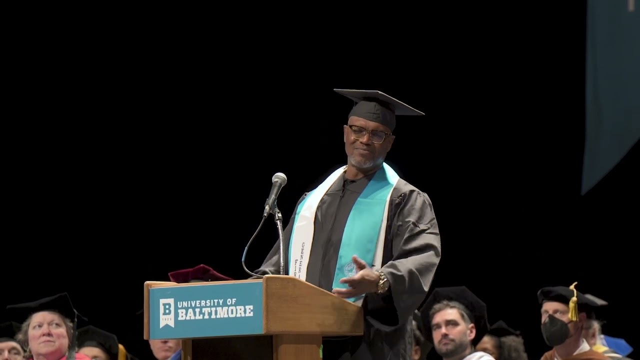 Thomas Anderson, B.S. '23, addresses UBalt graduates