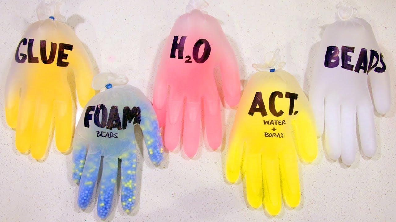 Making Slime with Rubber Gloves Cutting and Mixing Play Foam Beads!