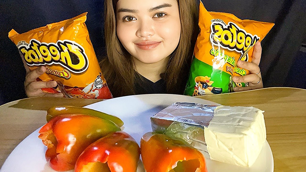 asmr bell peppers with cream cheese and cheetos mukbang | crunchy sounds #ASMR #Mukbang #bellpeppers