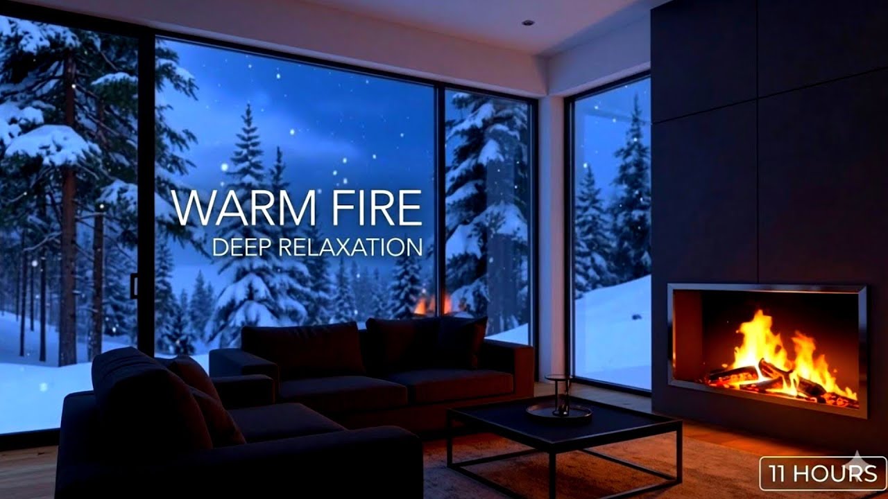 Modern Living Room Fireplace Ambience | Snow Outside, Warm Fire Inside | Deep Relaxation (11 Hours)