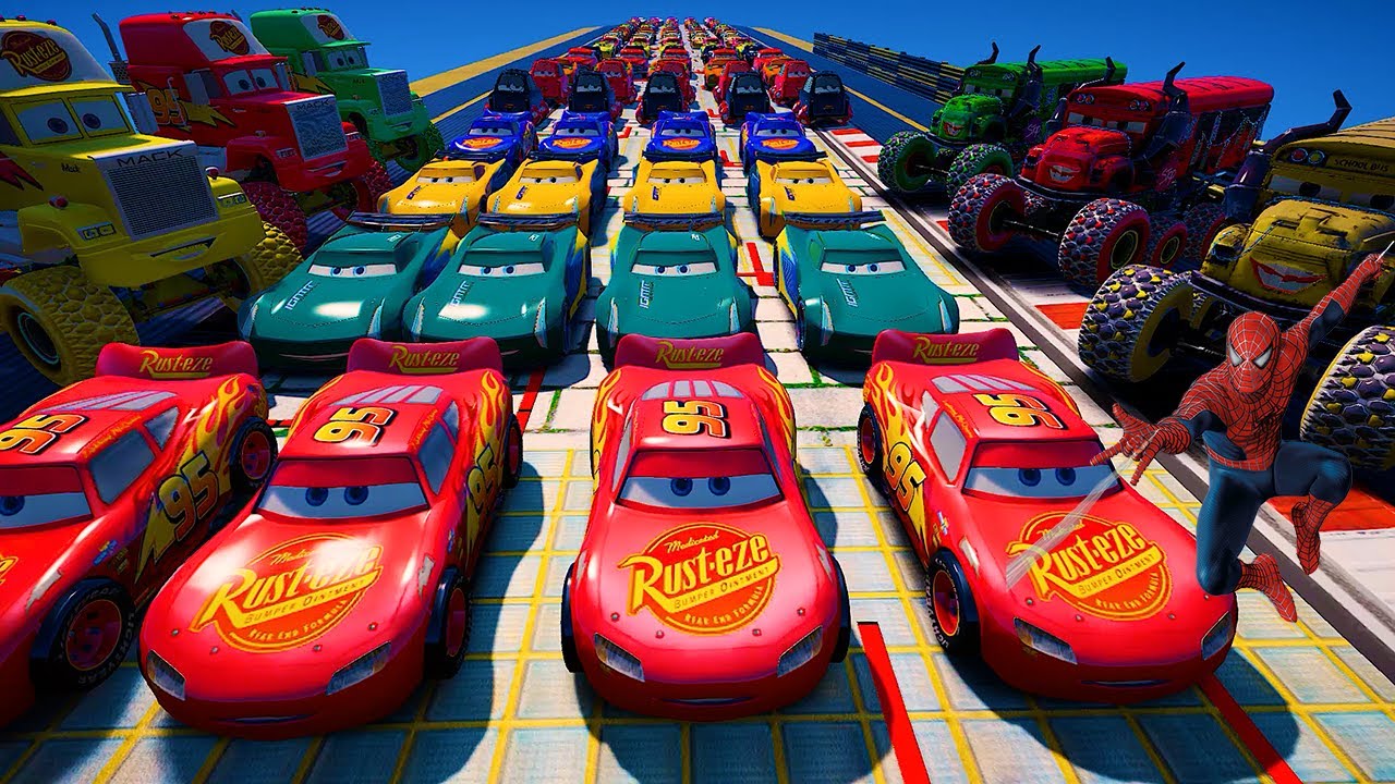 GTA 5 SPIDERMAN CARS Challenge Disney Cars Lightning & Monster McQueen Miss Fritter Dinoco & Friends