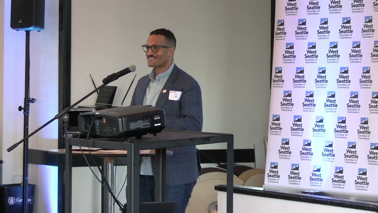 Seattle City Councilmember Rob Saka speaks to West Seattle Chamber of Commerce