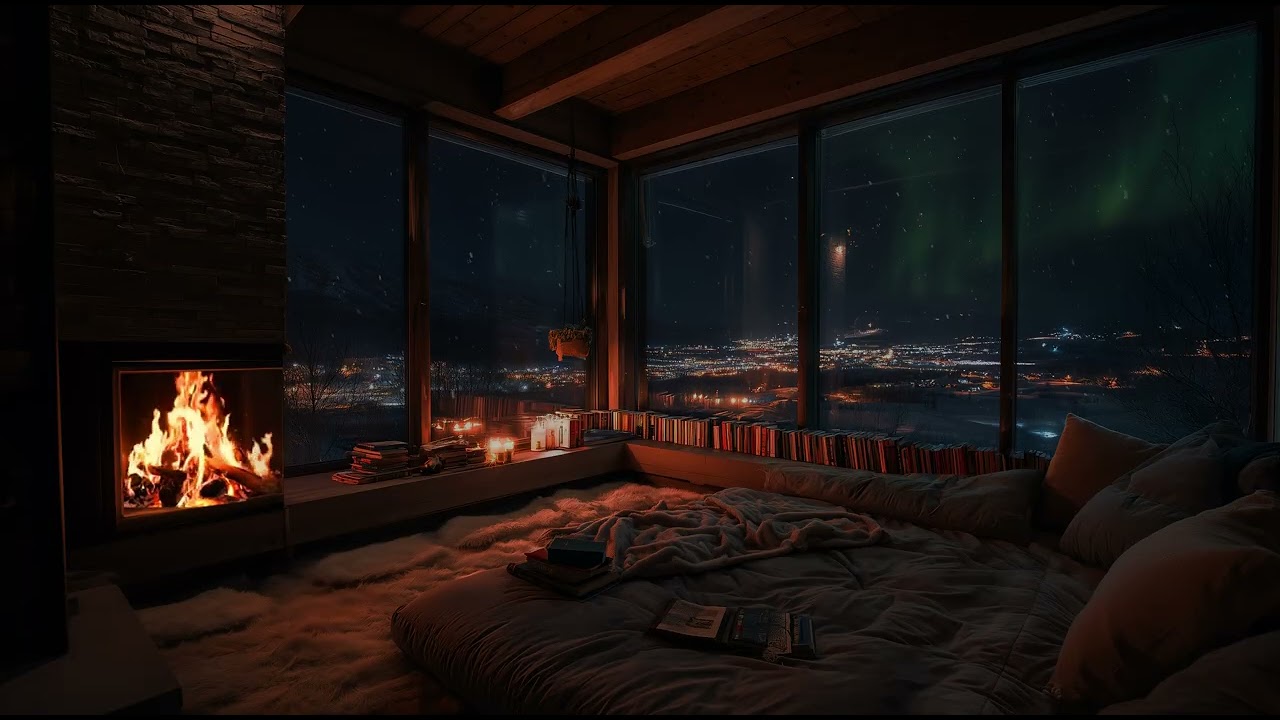 🔥Winter Cabin Fireplace | Gentle Fire Crackling and Snowfall ❄️ Sounds for Deep Sleep & Relaxation