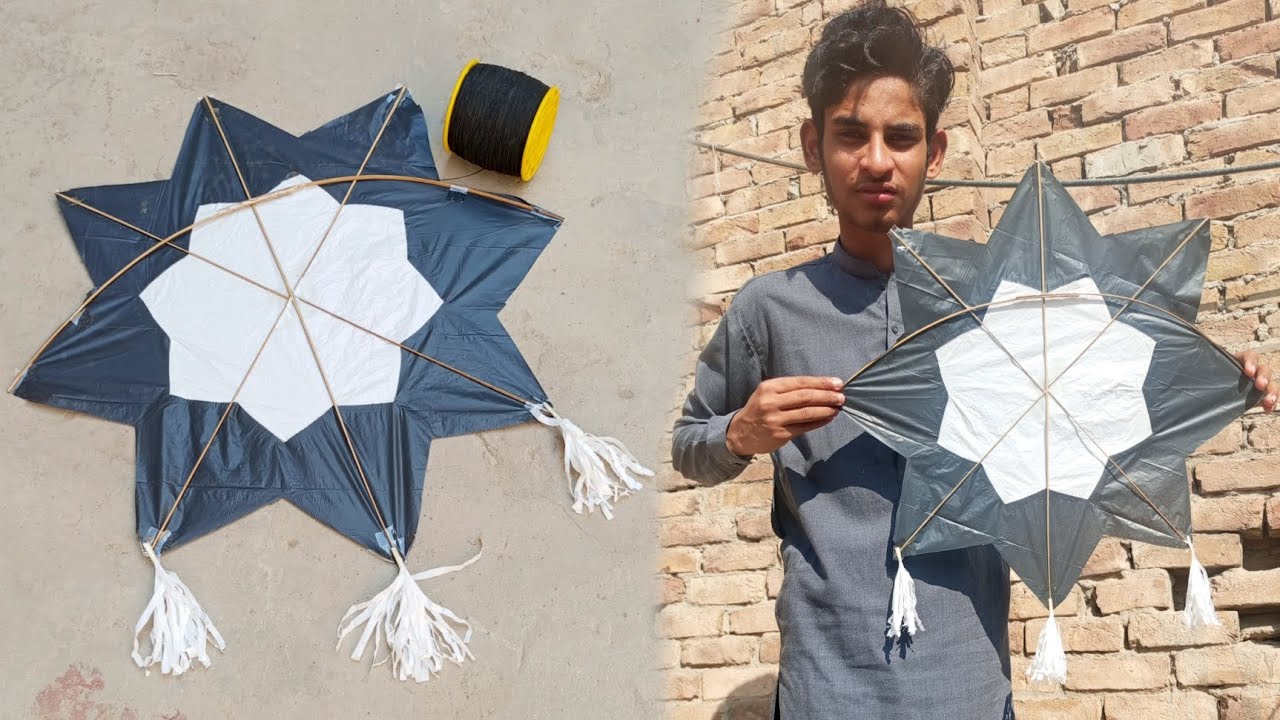 How to make a biggest star kite making with plastic bag and broomsticks at home 🥰🥰😱😱
