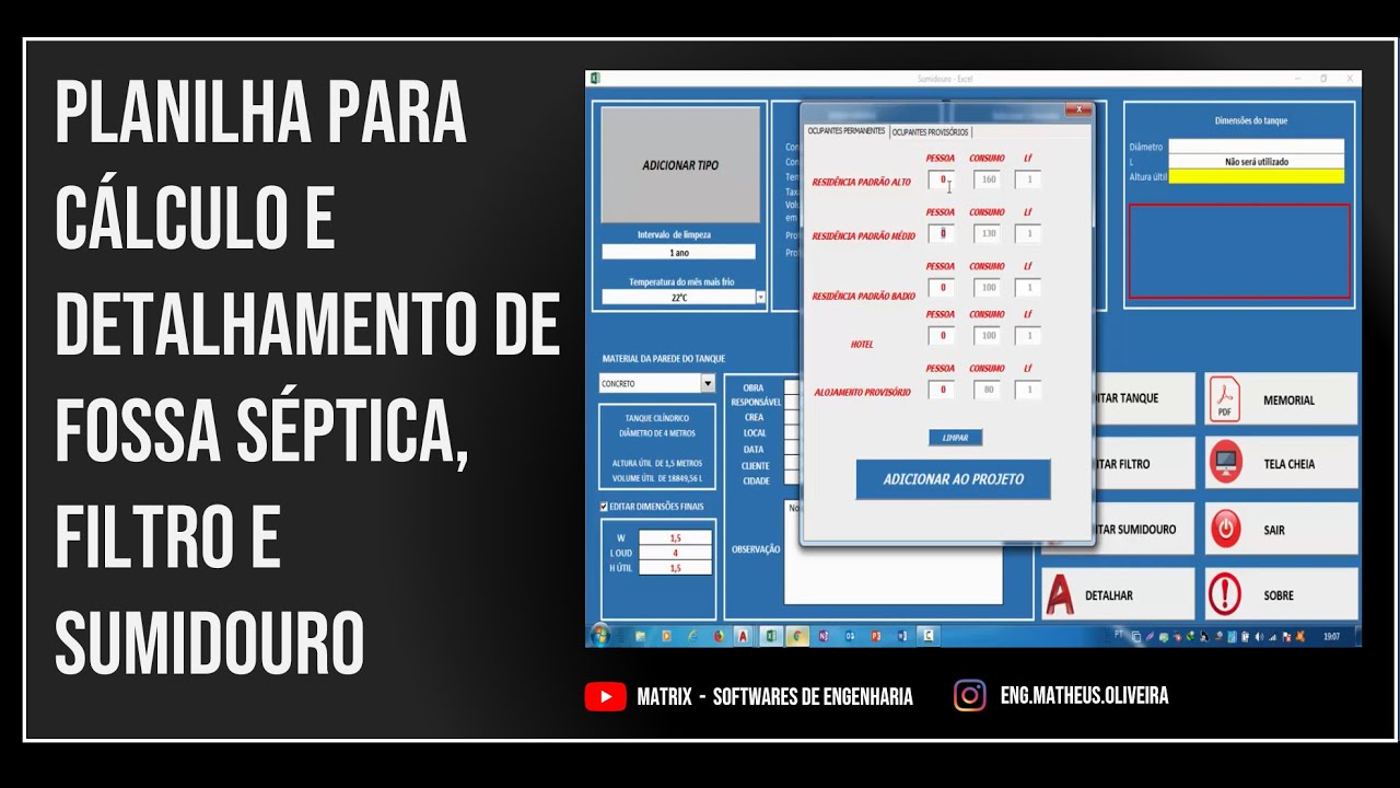 PLANILHA PARA CÁLCULO E DETALHAMENTO DE FOSSA SÉPTICA, FILTRO E SUMIDOURO ( WHATSAPP +5519996746157)