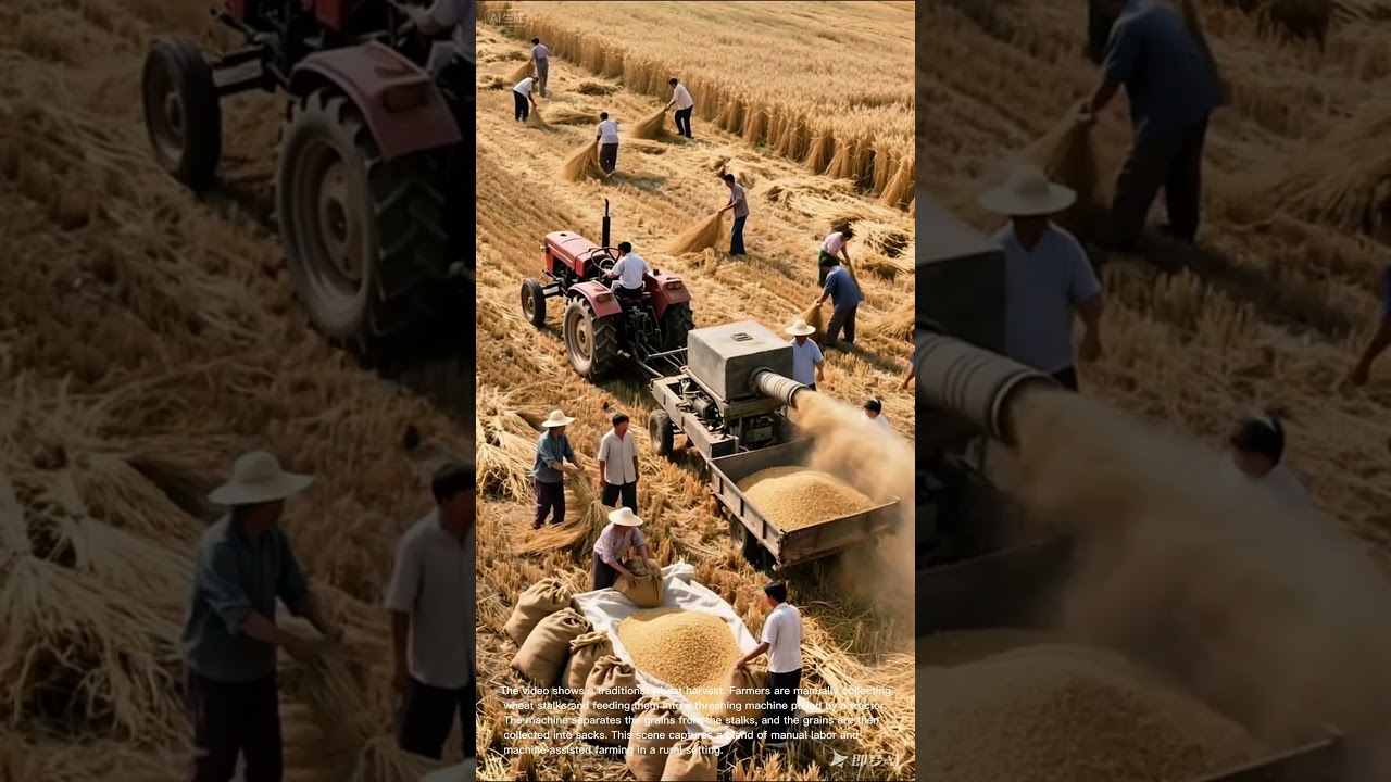 Traditional Wheat Harvest: Manual Labor and Machine Threshing in Rural Fields