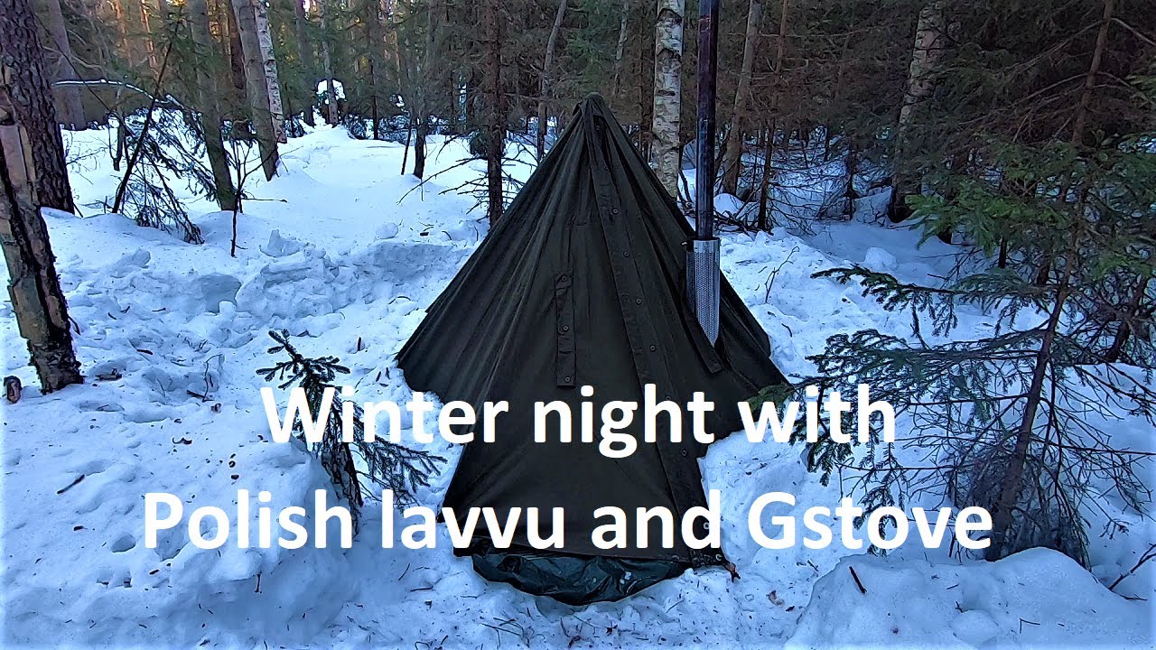 Camping on a winter night with Polish lavvu and Gstove