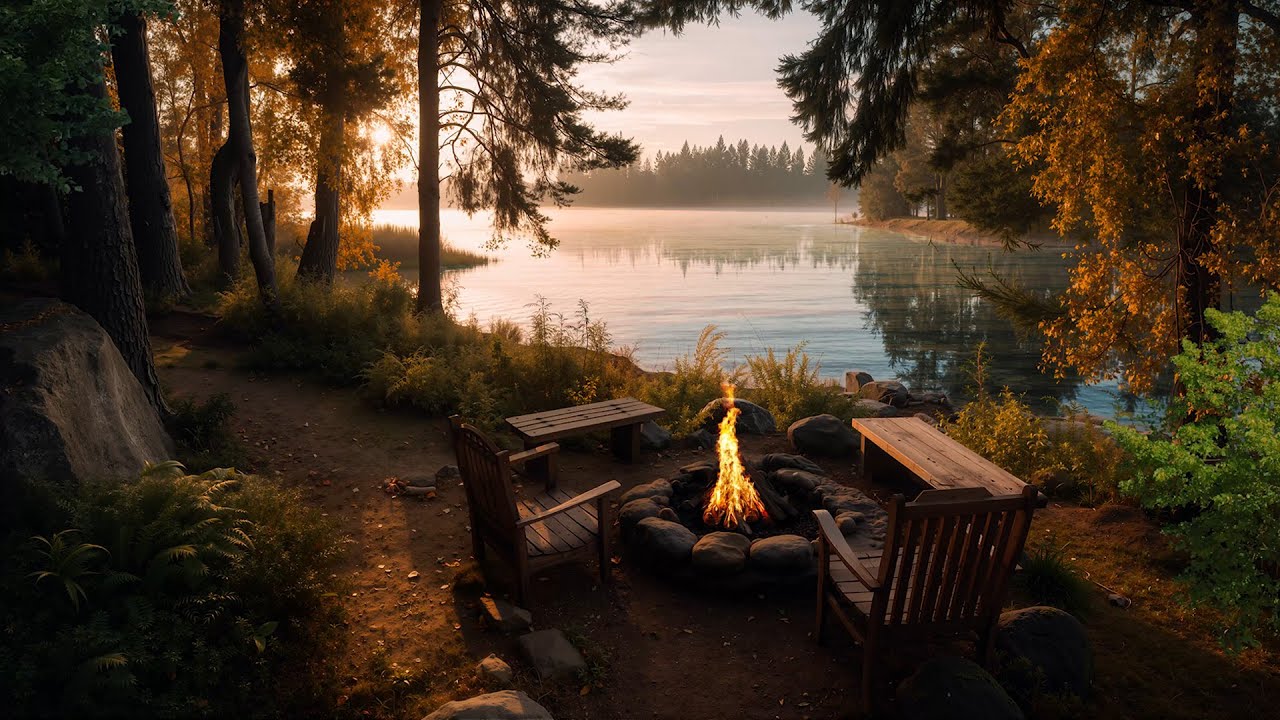 Cozy Campfire by the Lake | Peaceful Autumn Sunset Ambience