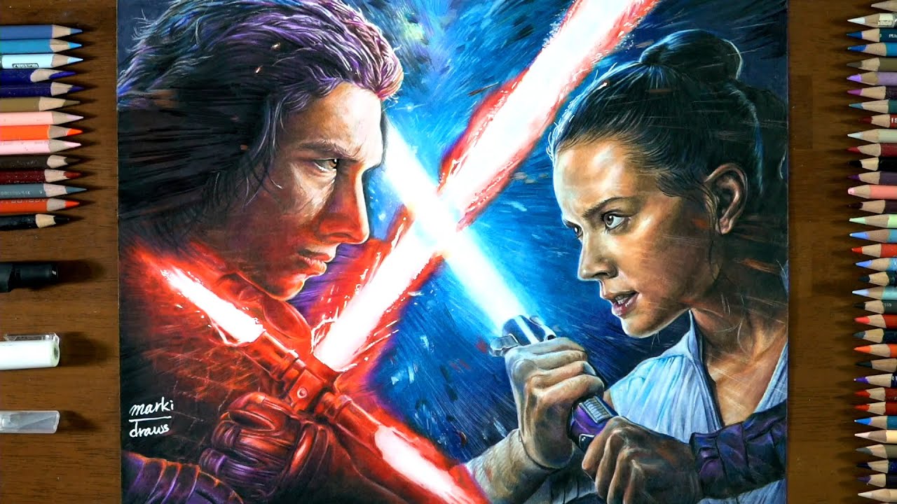 Drawing Rey Skywalker & Kylo Ren  with Lightsabers [Star Wars: The Rise of Skywalker] - marki draws