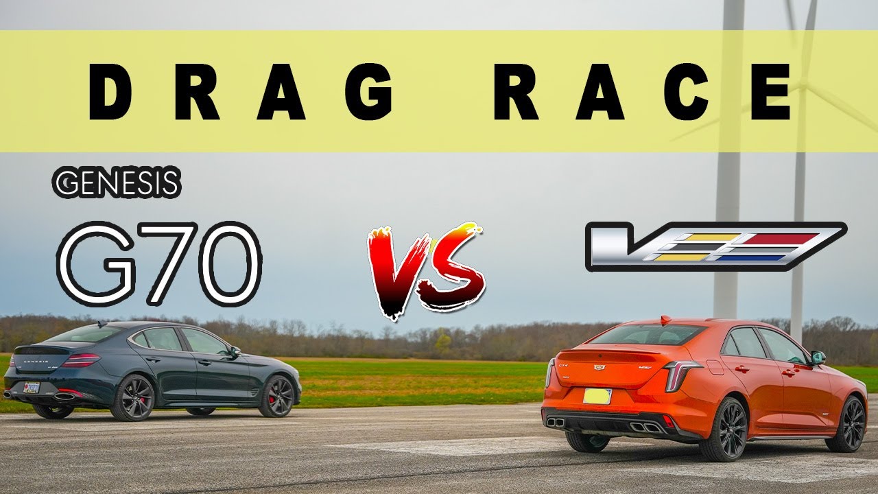 2022 Genesis G70 3.3T vs 2022 Cadillac CT4-V Series, walk follows. Drag and Roll Race.