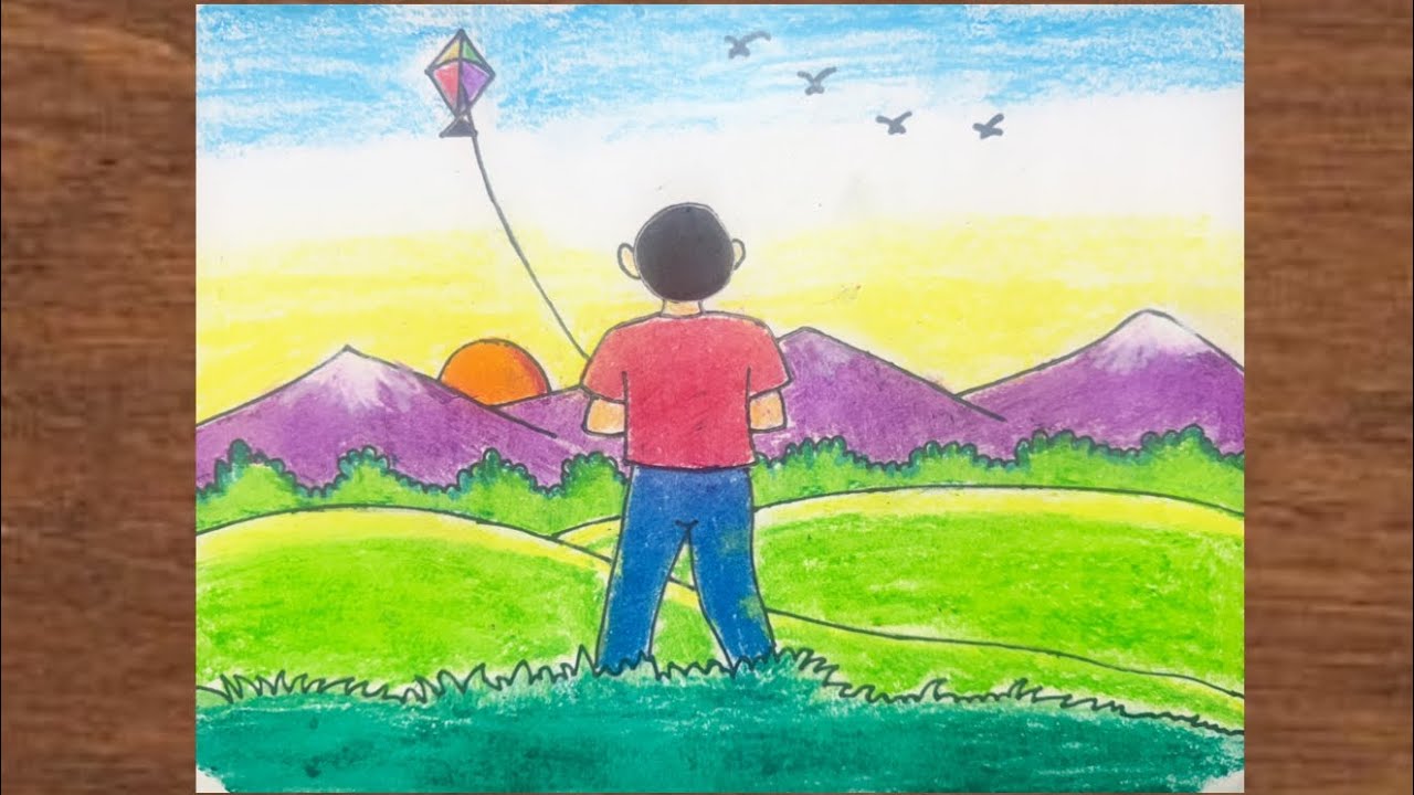 How to draw a boy flying kite with scenery | Kite flying scenery drawing easy step by step 