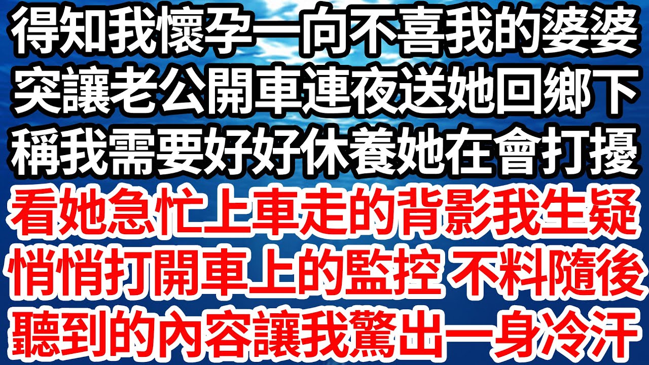 得知我懷孕一向不喜我的婆婆，突然讓老公開車連夜送她回鄉下，稱我需要好好休養她在會打擾，看她急忙上車離開的背影我生疑，悄悄打開老公車上的監控 不料隨後，聽到的內容讓我驚出一身冷汗【倫理】【都市】