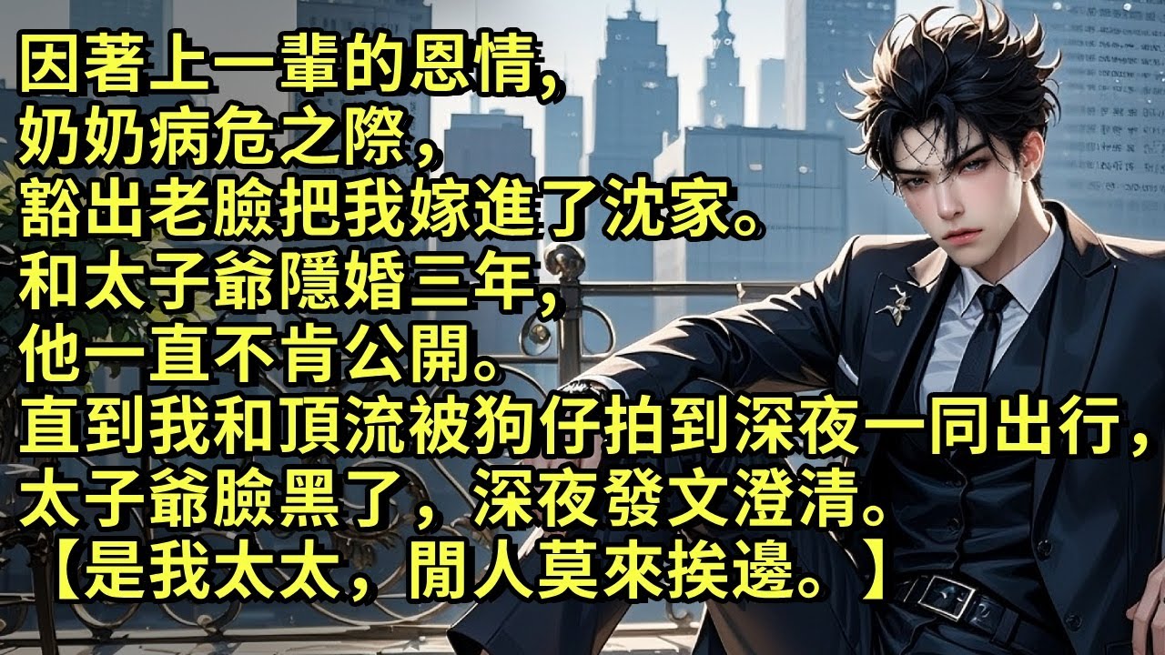 因著上一輩的恩情，奶奶病危之際，豁出老臉把我嫁進了沈家。和太子爺隱婚三年，他一直不肯公開。直到我和頂流明星被狗仔拍到深夜一同出行，太子爺臉黑了，深夜發文澄清。【是我太太，閒人莫來挨邊。】#小说 #情感
