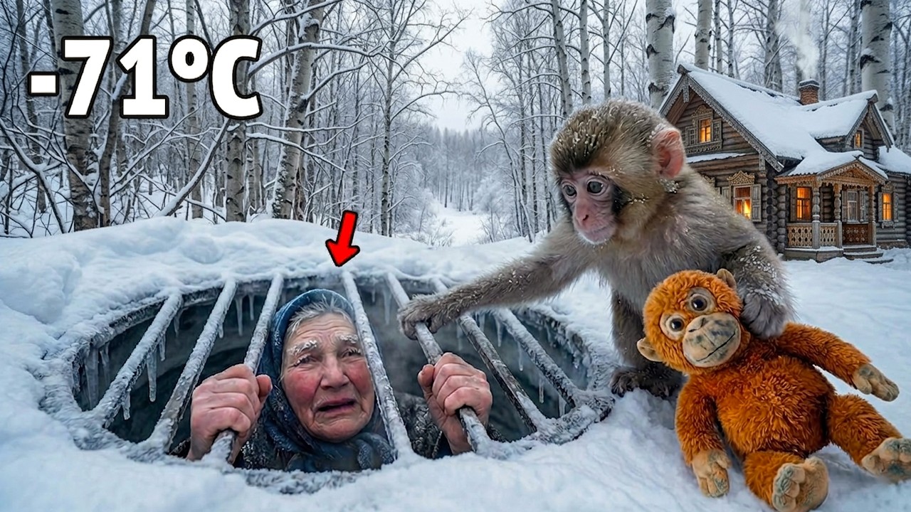 −71°C Siberian Blizzard | A Baby Monkey Saves an Old Woman Trapped in a Frozen Canal