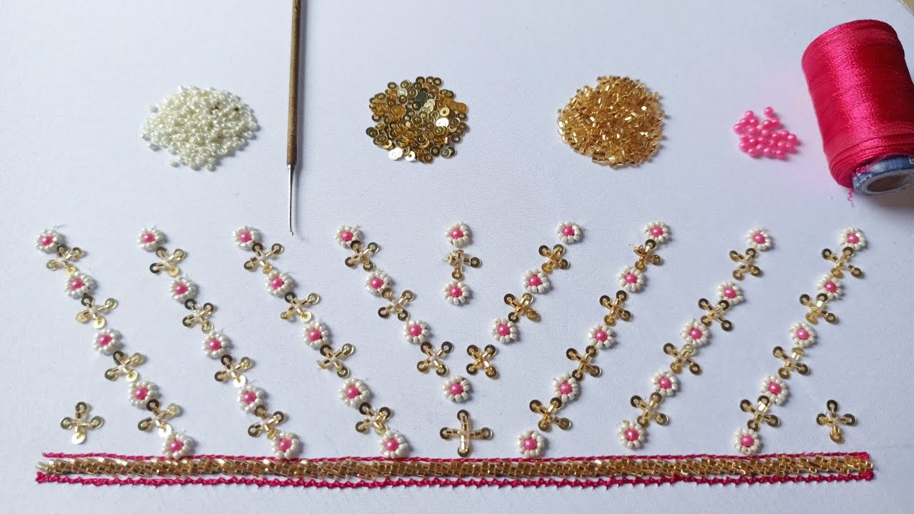 Aari work border design Rani Moti Se white Moti Se Golden Sitara se Rani Resham se Kadhai ka design