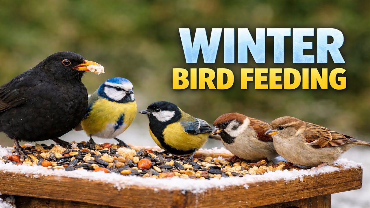 4K Winter Bird Feeding | Blackbird, Blue Tit, Great Tit & Sparrows at the Feeder