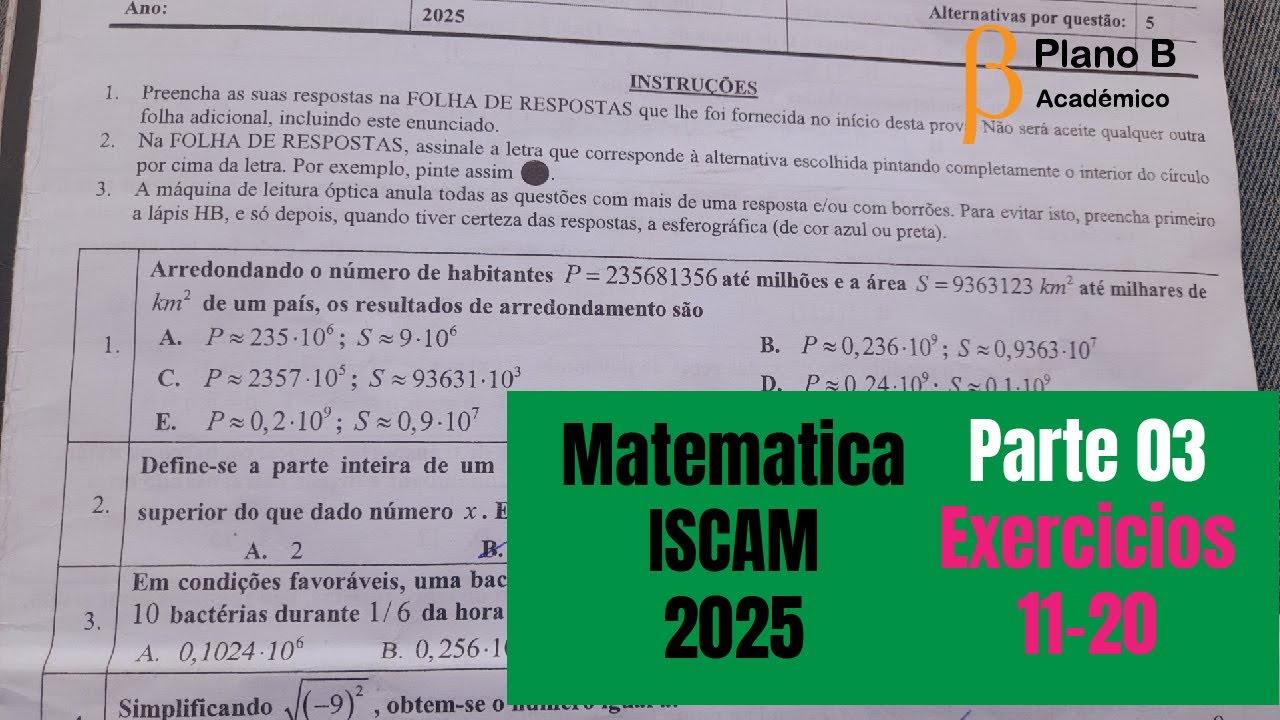 Resolucao do Exame ISCAM 2025 Exercicio 11 ate 20 - Matematica