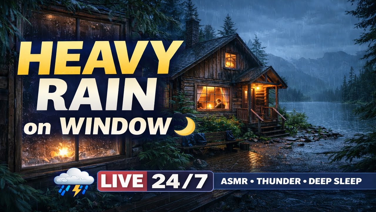 Heavy Rain on Cabin Window 🌧️ 99% Fall Asleep Instantly | Thunder & Fireplace (LIVE 24/7) ASMR