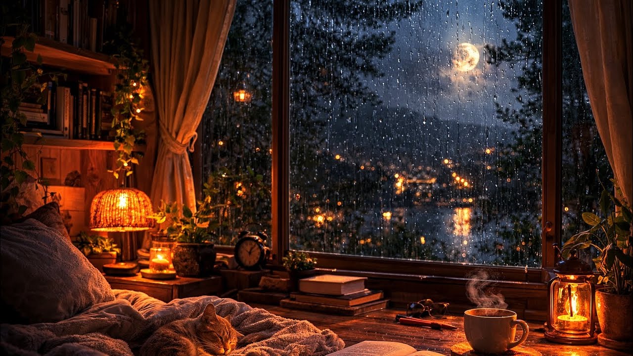 Rain on Window at Night for Deep Sleep | Cozy Room Ambience