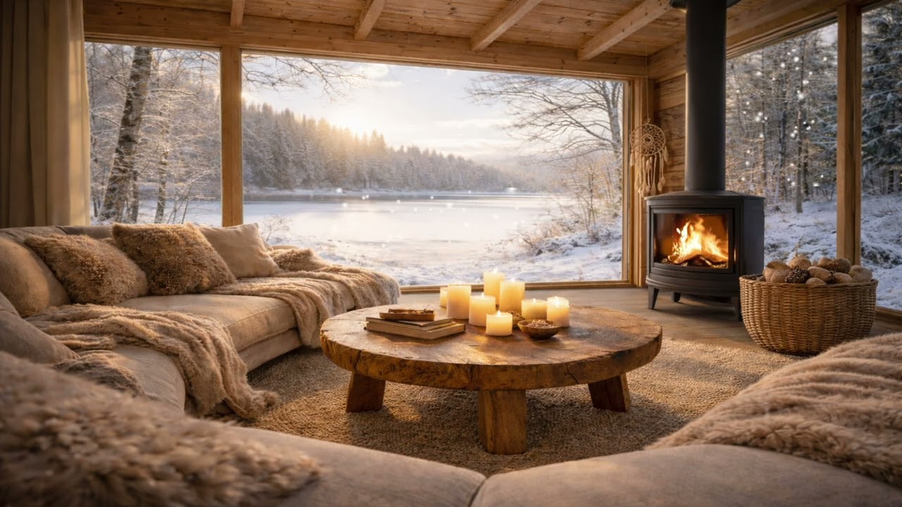 8 Hours | Crackling Fireplace Ambience -Cozy Cabin- Winter Relax, Sleep & Focus