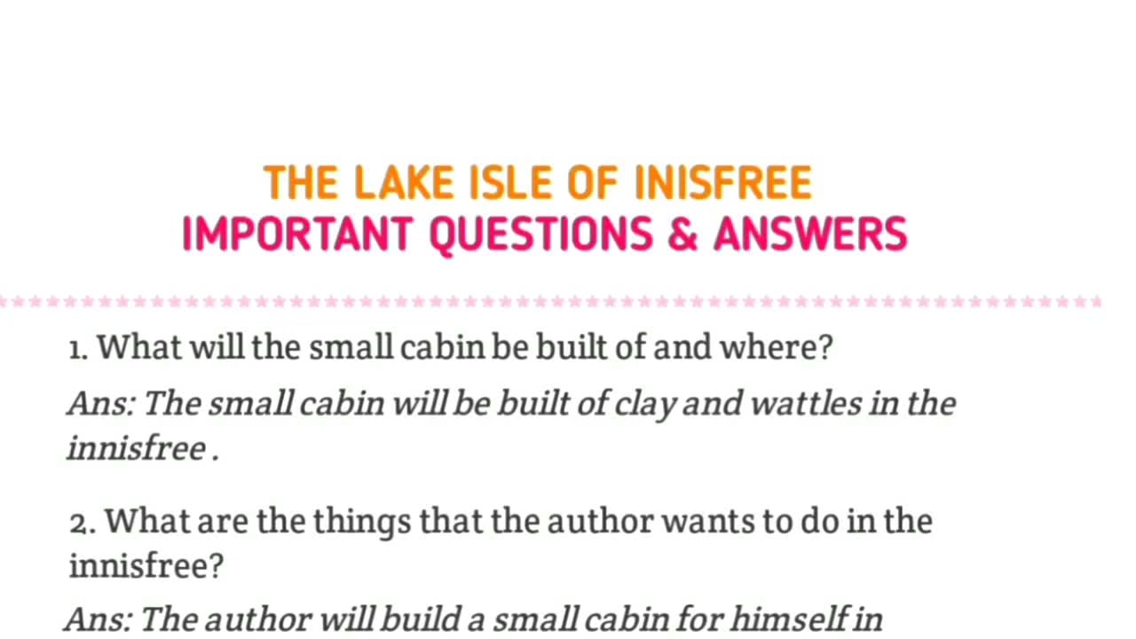 The Lake Isle Of Innisfree Important Question Answer In Hindi