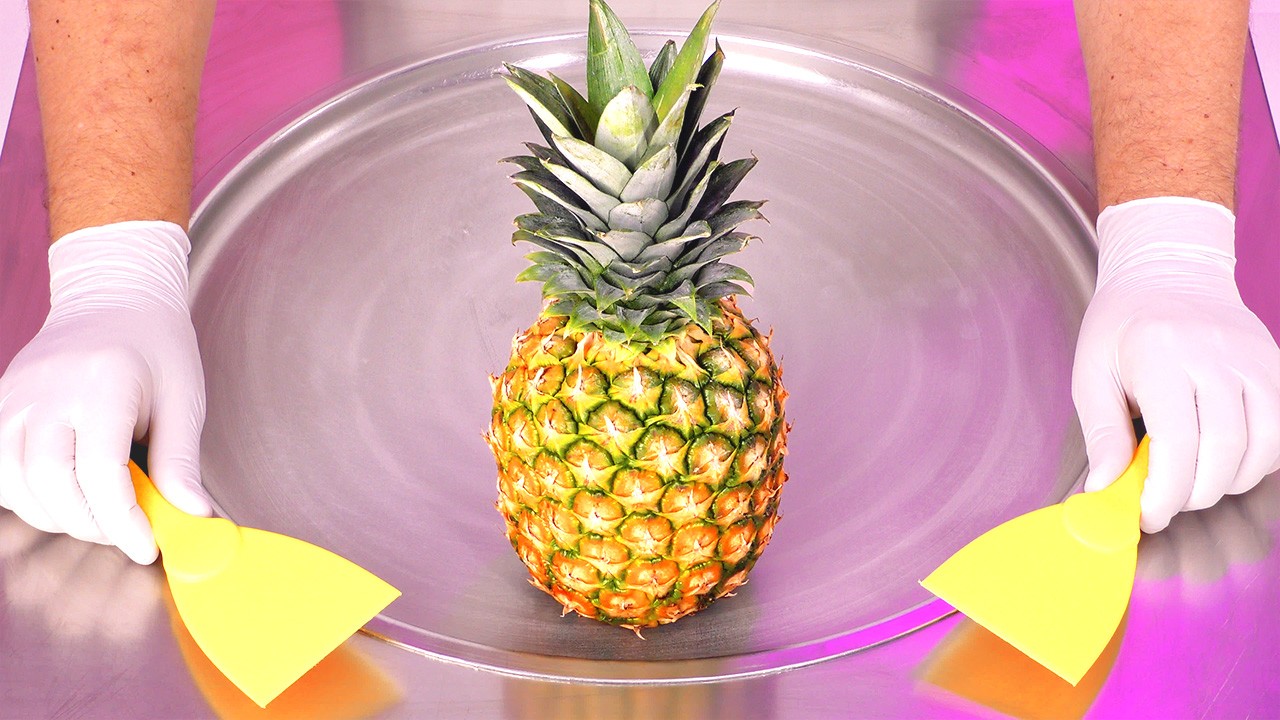 Pineapple ASMR - how to make fresh Pineapple Ice Cream Rolls | no talking Fruit Dessert Recipe