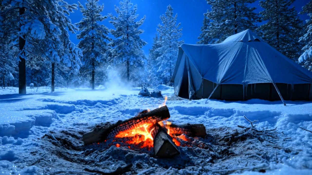 Frozen Campfire Night ❄️🔥 Winter Camping Ambience with Snowfall & Crackling Fire Sounds