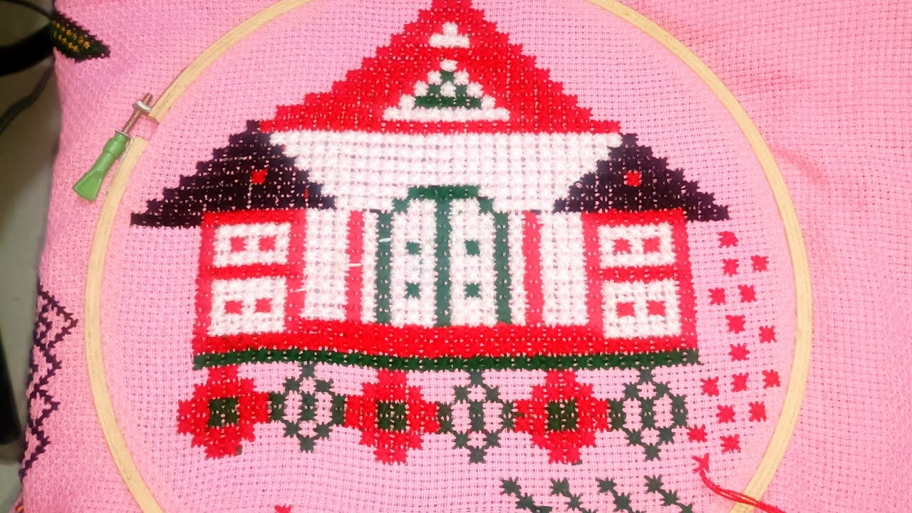 🏡✨ Beautiful Red Green House Cross Stitch Design | Easy Embroidery Tutorial#CrossStitch #Embroidery
