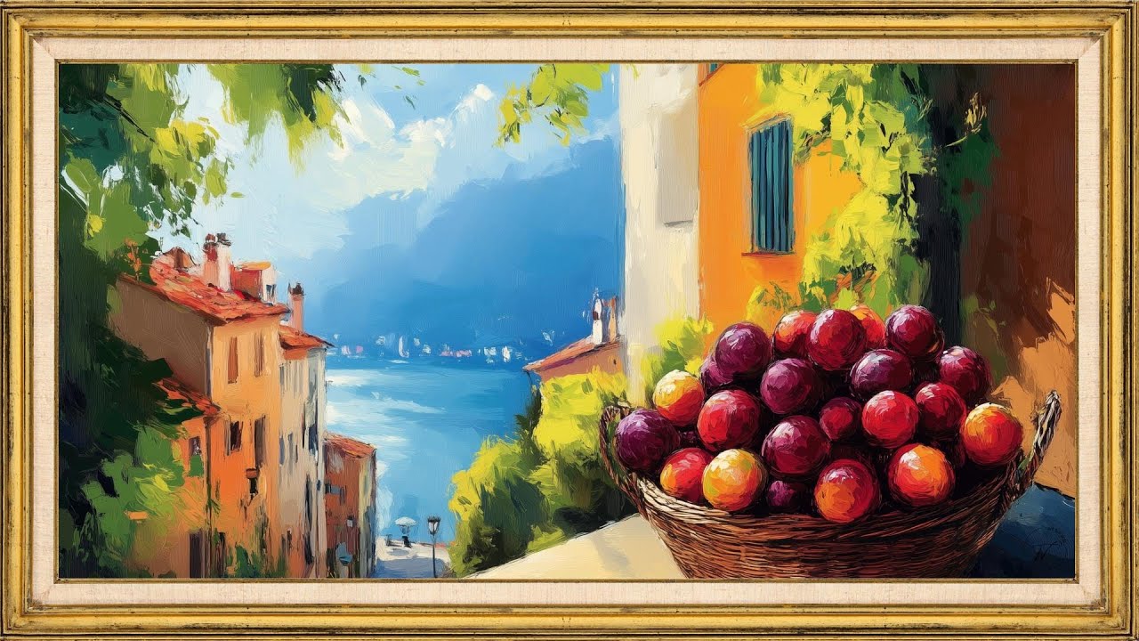 Colorful Mediterranean Lake Village | 2 Hour TV Frame Art Screensaver | Relaxing Wall Art