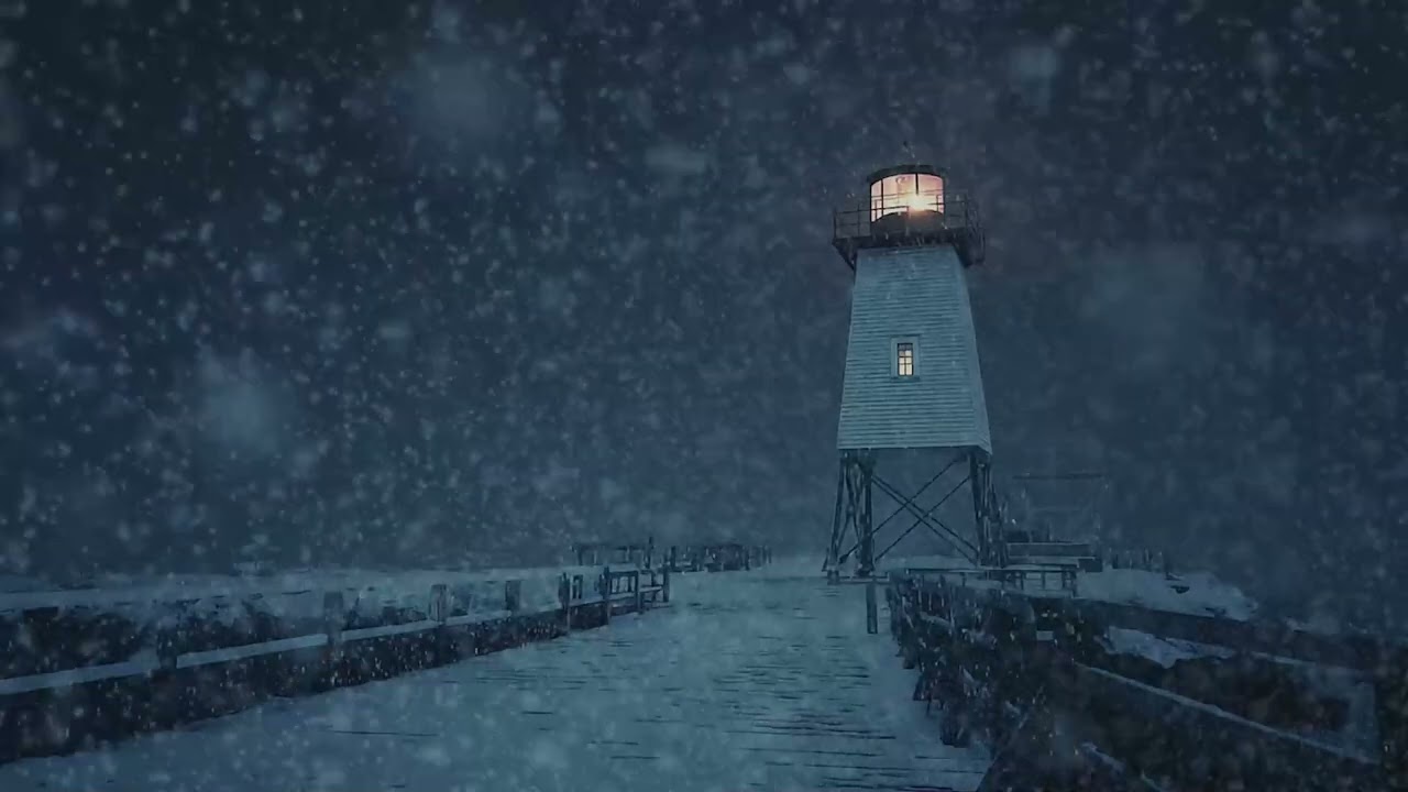 Night Snowstorm at Lighthouse. Sounds of North Blizzard for Sleep. Cold Atmosphere and Howling Winds