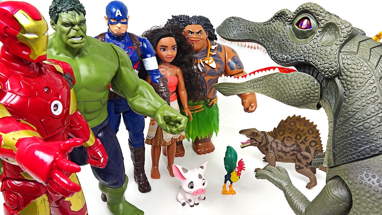 Mavel Hulk, Spider man, Iron man, Captain america with Moana VS Dinosaur - DuDuPopTOY