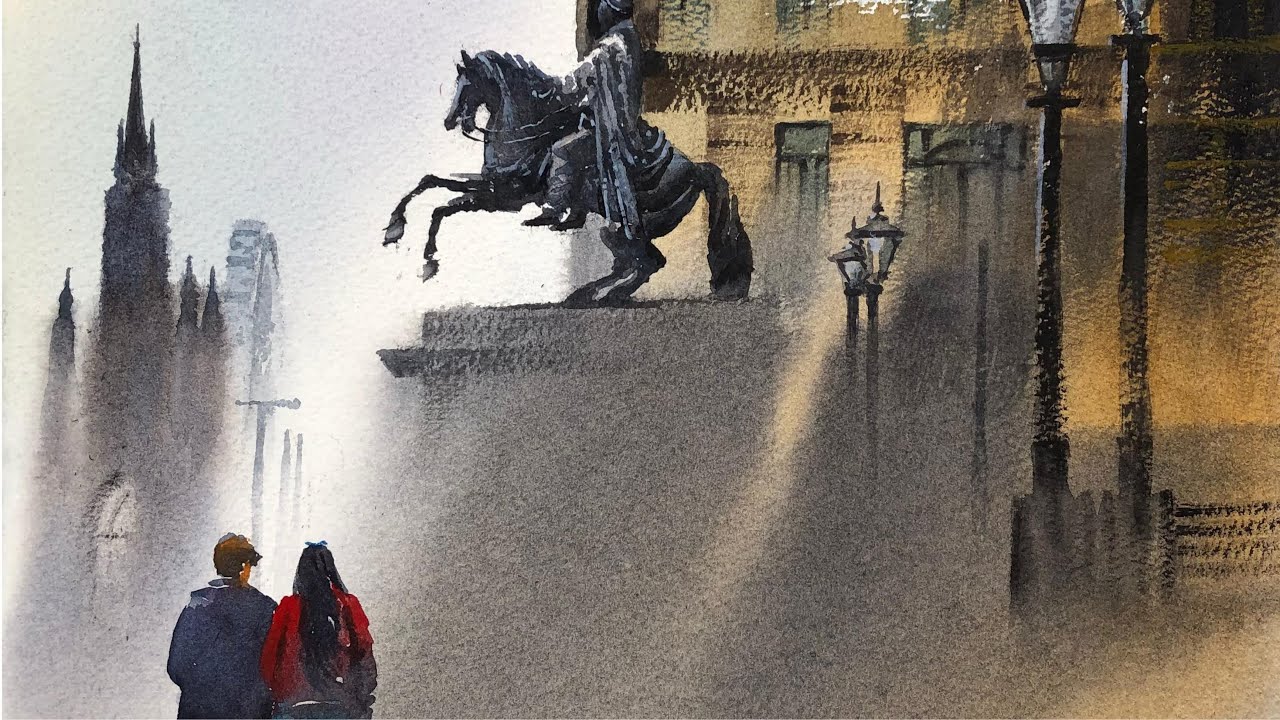 Historic London Street Watercolor | Moody Foggy Morning.