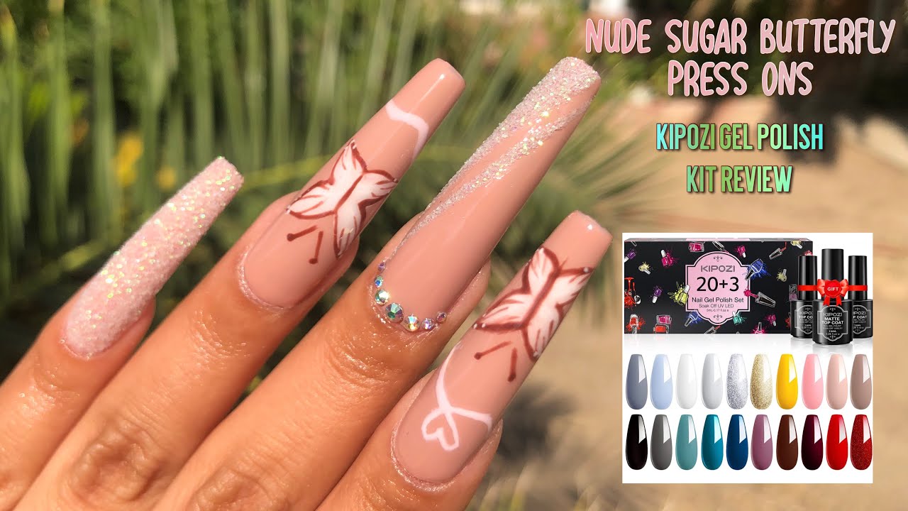 HOW TO NUDE SUGAR BUTTERFLY PRESS ONS || KIPOZI GEL POLISH KIT REVIEW & UNBOXING