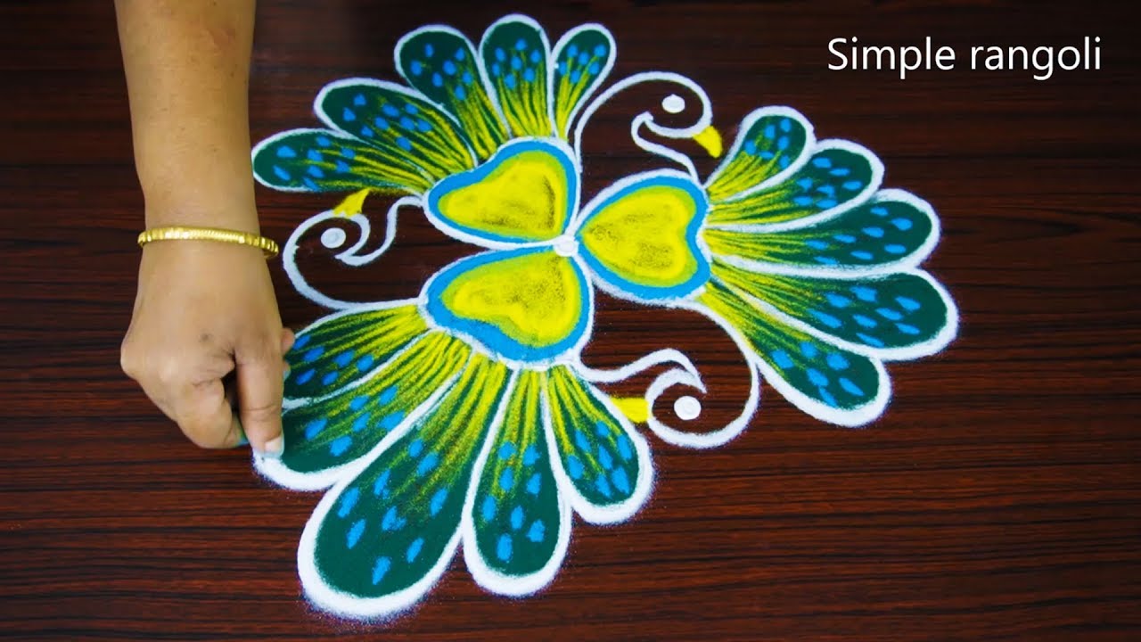 3 Face Peacock rangoli design - Simple peacock kolam with 5x3 dots for beginners with color for all