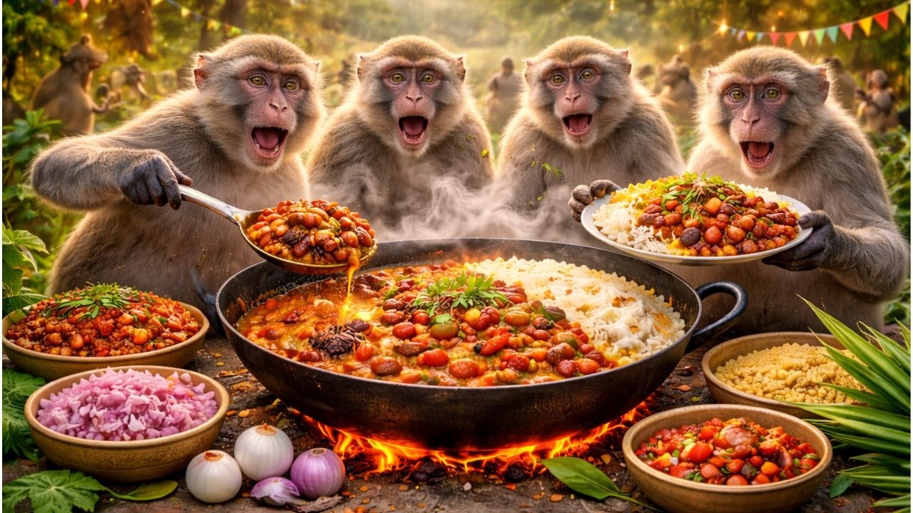 बंदरों ने मिलकर बनाया राजमा चावल 😱🔥  Monkeys Made Rajma Chawal Together