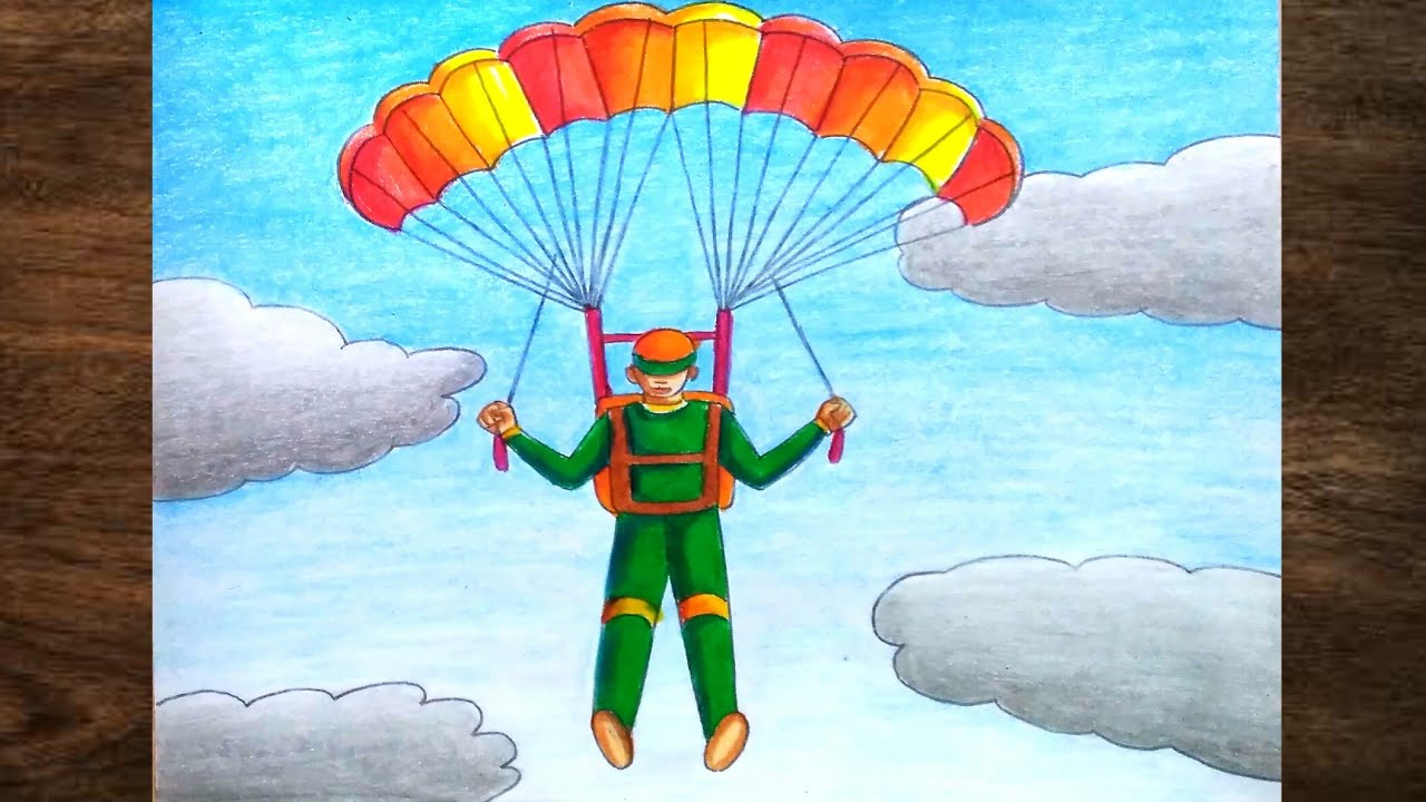 How to draw a parachute man step by step/Parachute man drawing with oil pastels