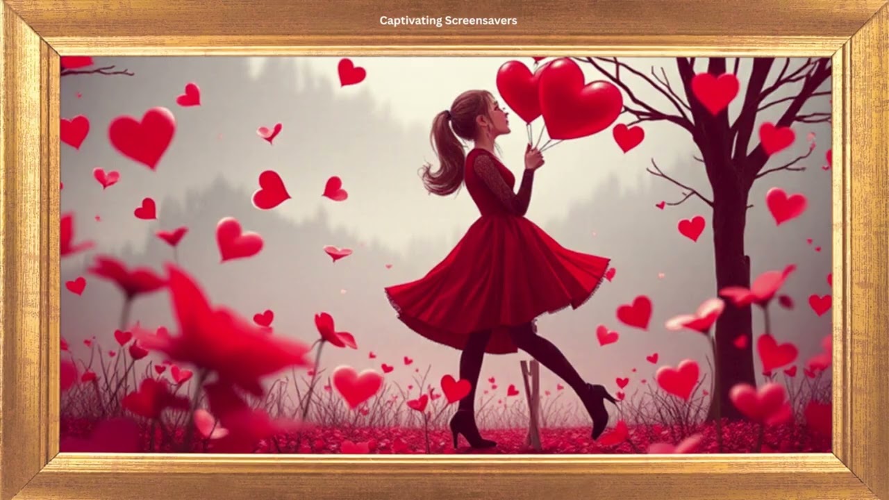 Women Holding Two Red Heart Balloons | Gold Frame Love Animation Loop | No Sound