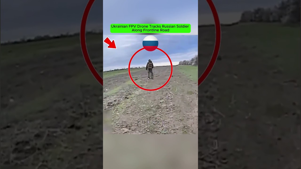 Ukrainian FPV Drone Tracks Russian Soldier Along Frontline Road.