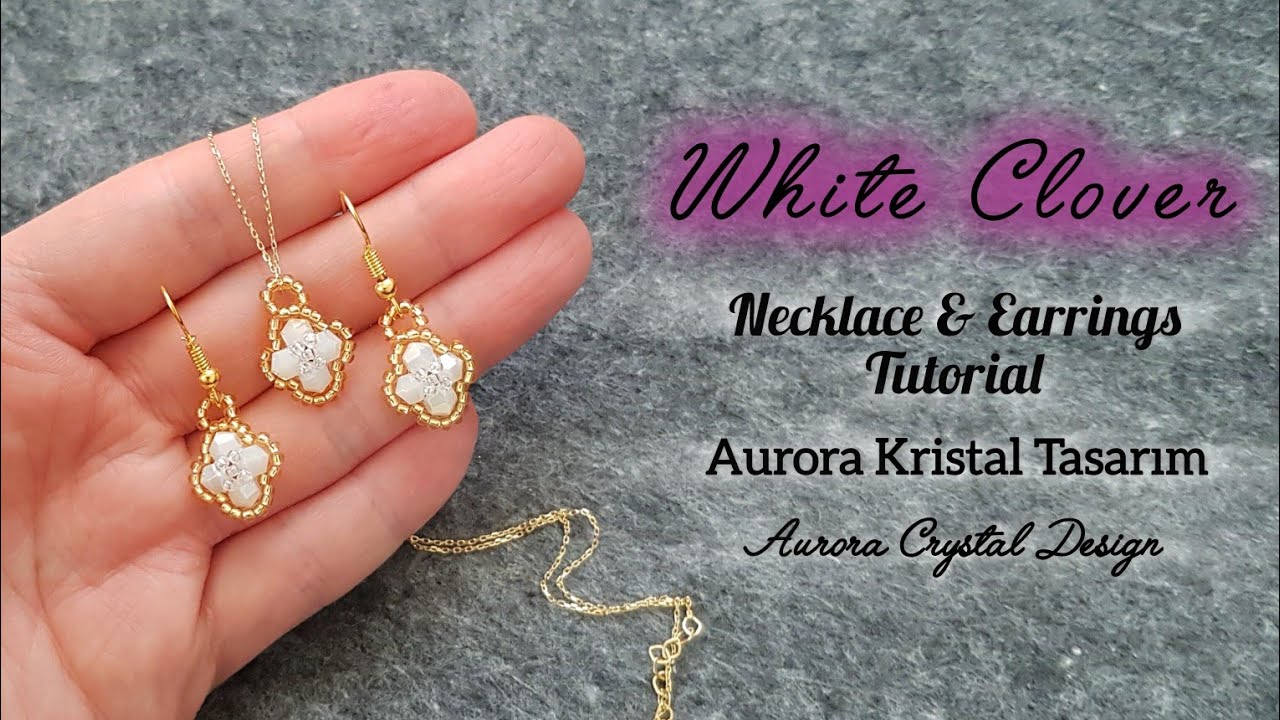 Kristal yonca kolye ve küpe yapımı. White crystal clover necklace, earrings making.Beading tutorial.