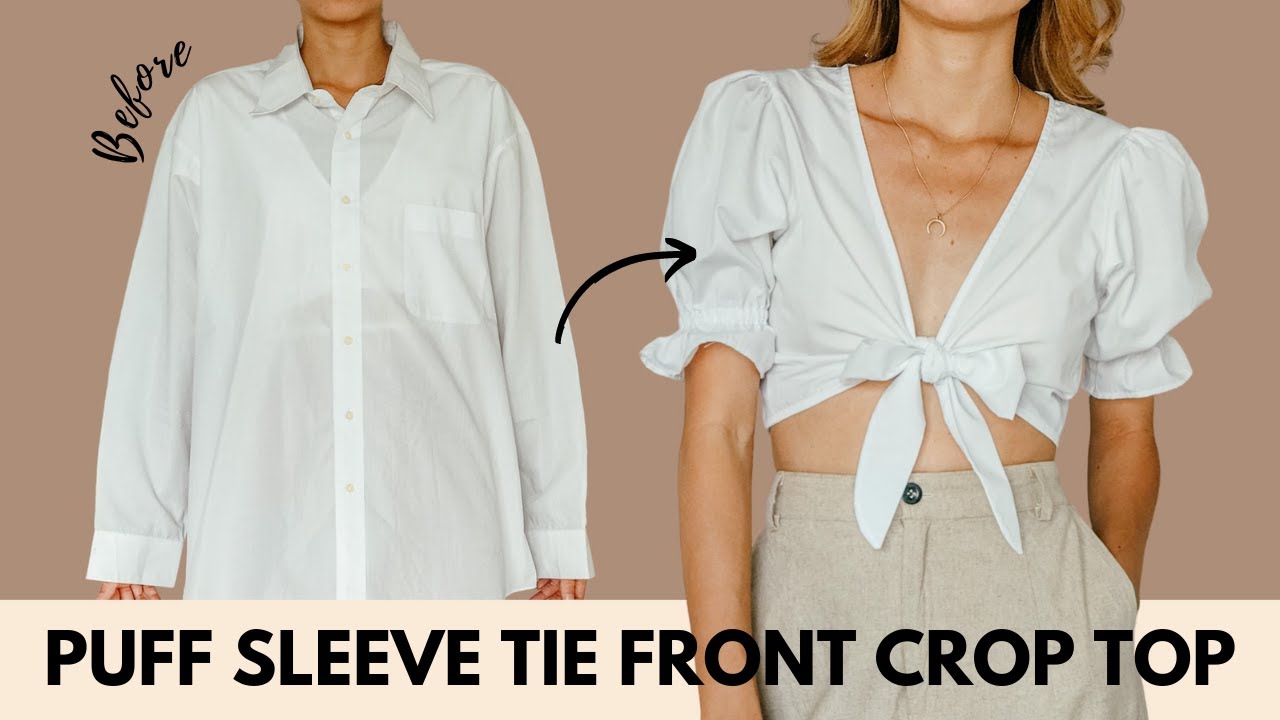 DIY Puff sleeve tie front crop top from Men's shirt - Men's shirt refashion idea