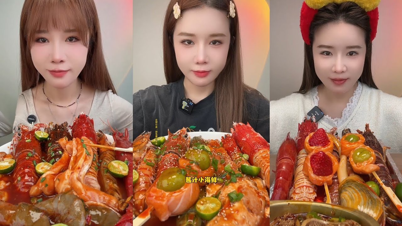 Yummy #324:Eat seafood 🦞 salmon red devil shrimp 🍤🦐 squid 🦑🐙 lobster#mukbang #yummy #delicious