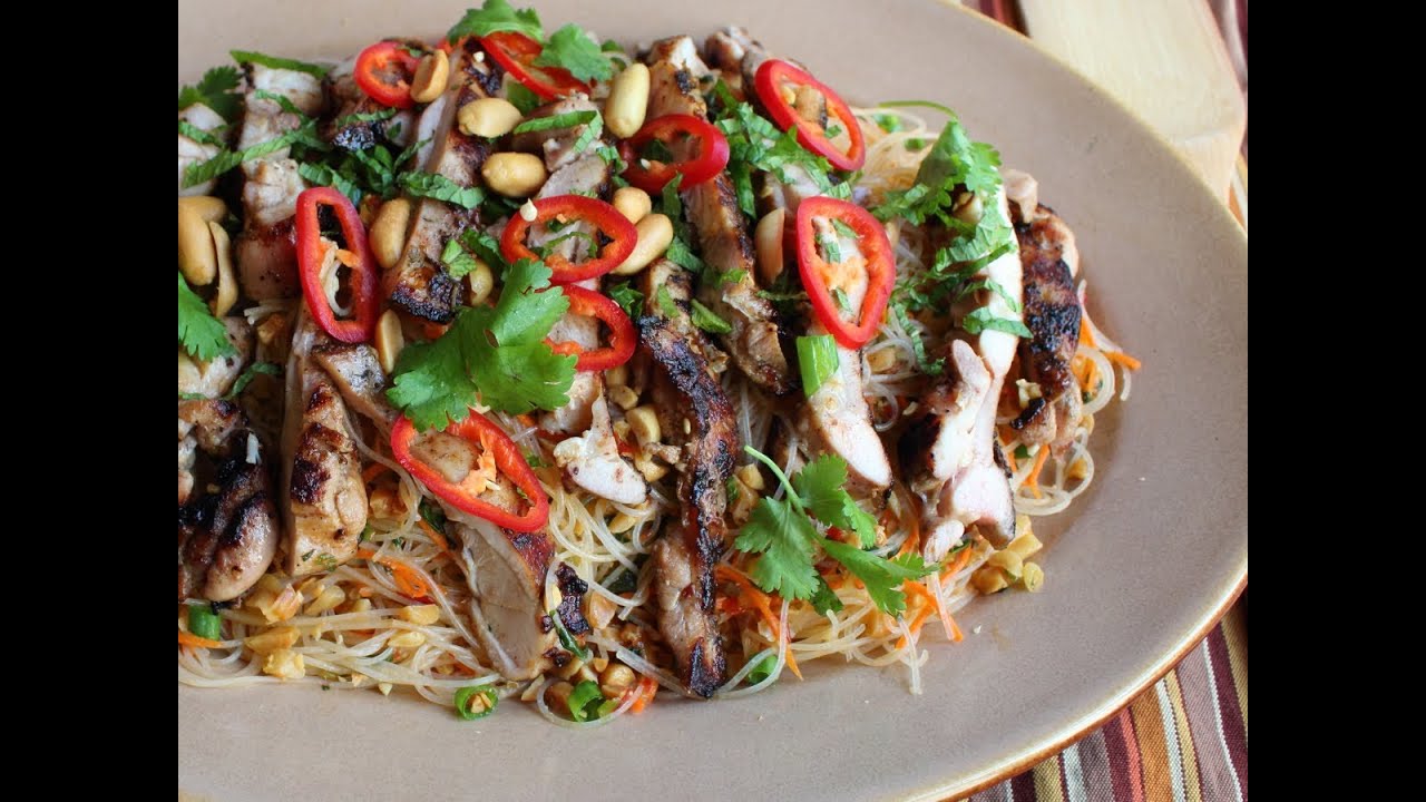 Spicy Rice Noodle Salad Recipe - Cold Asian Noodle Salad with Grilled Chicken