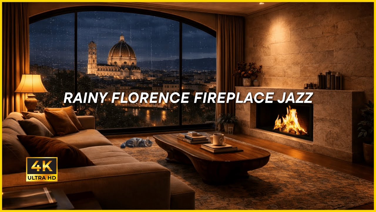 RAINY FLORENCE FIREPLACE JAZZ (4K) | Cozy Night Ambience, Duomo View for Relax & Focus