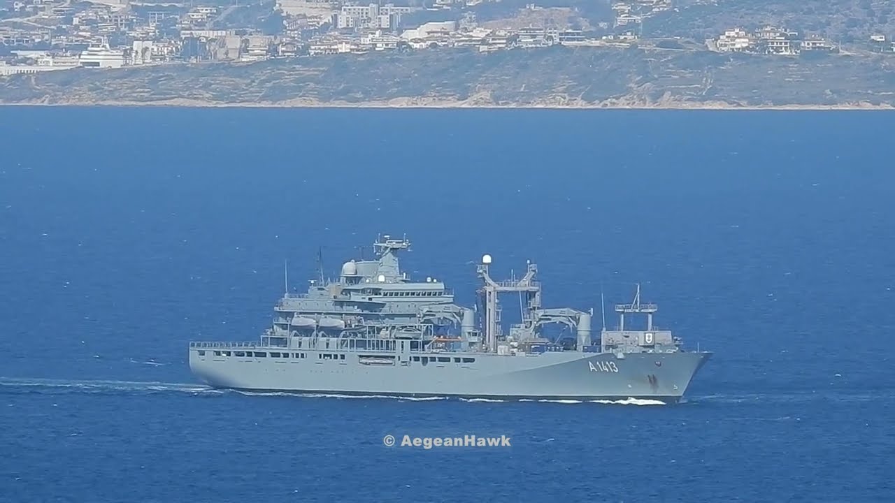 German Navy replenishment ship A1413 FGS Bonn southbound Chios Strait in east Aegean Sea.