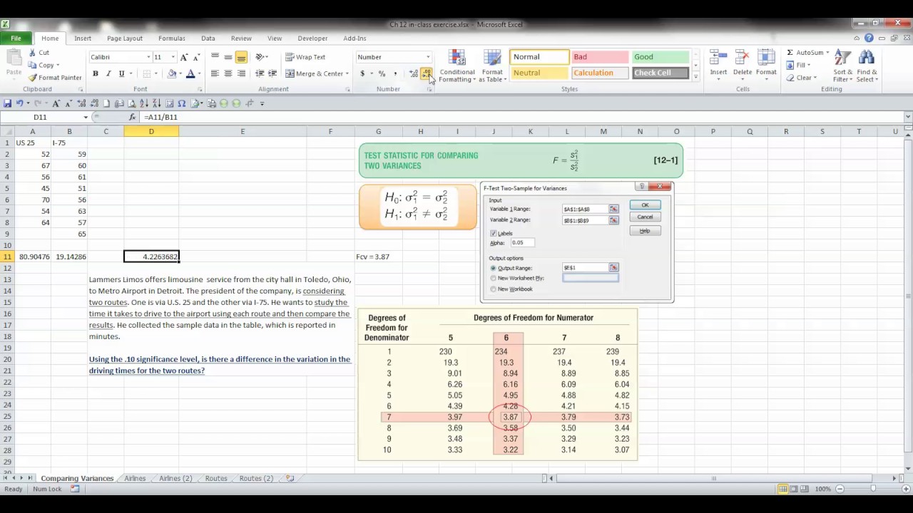 F test for equal variances using Excel